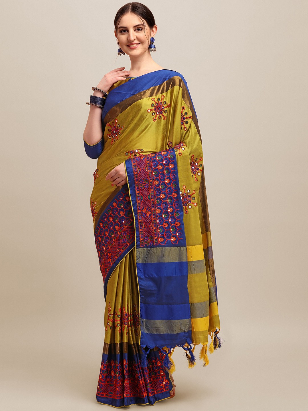 

MAHALASA Floral Embroidered Sequinned Silk Cotton Saree, Yellow