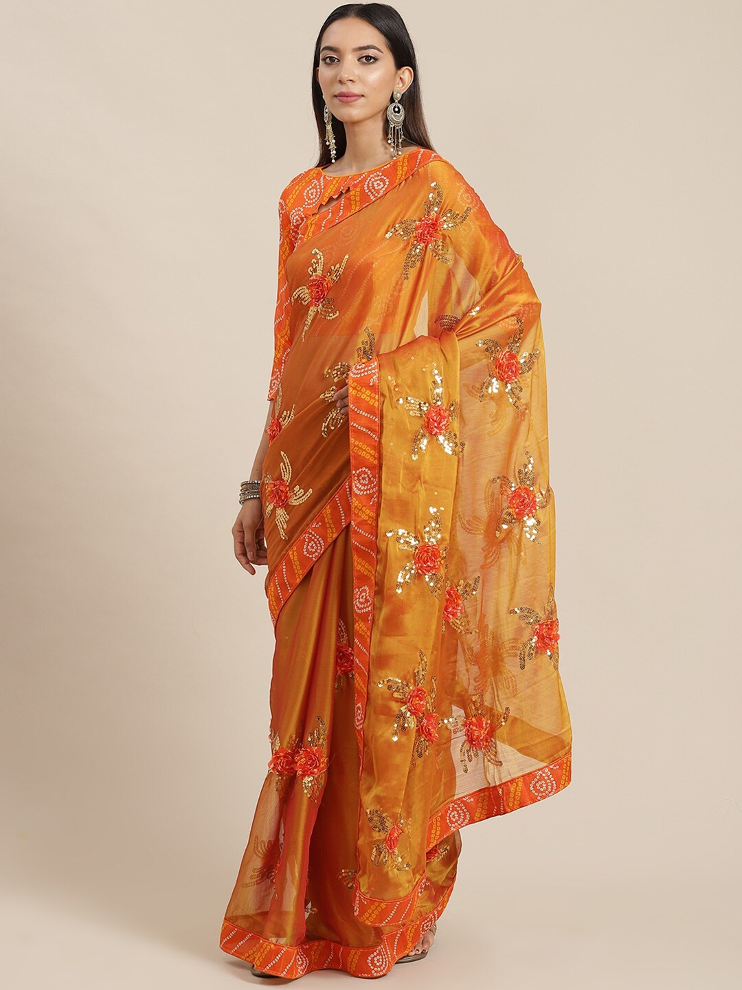 

MAHALASA Floral Embroidered Sequinned Pure Chiffon Saree, Orange