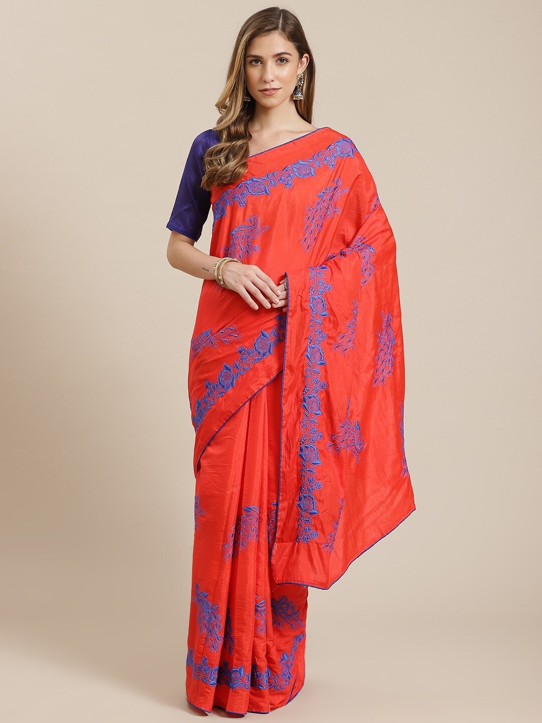 

MAHALASA Ethnic Motifs Embroidered Saree, Red