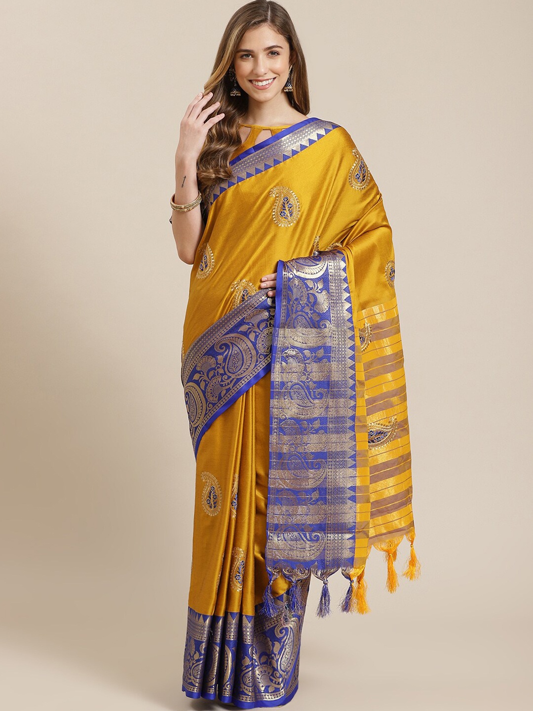 

MAHALASA Ethnic Motifs Woven Design Silk Cotton Saree, Yellow