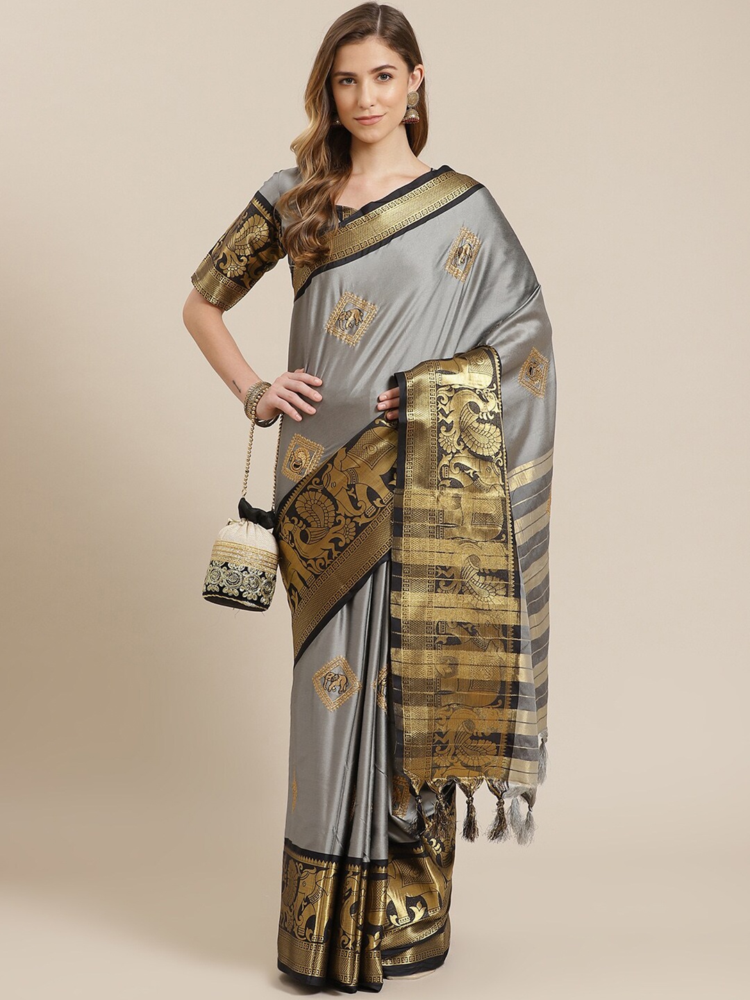 

MAHALASA Ethnic Motifs Woven Designed Zari Silk Cotton Saree, Grey