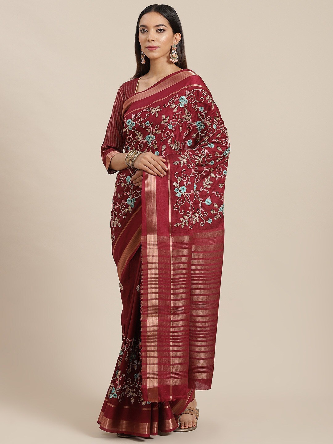 

MAHALASA Floral Embroidered Pure Cotton Saree, Red