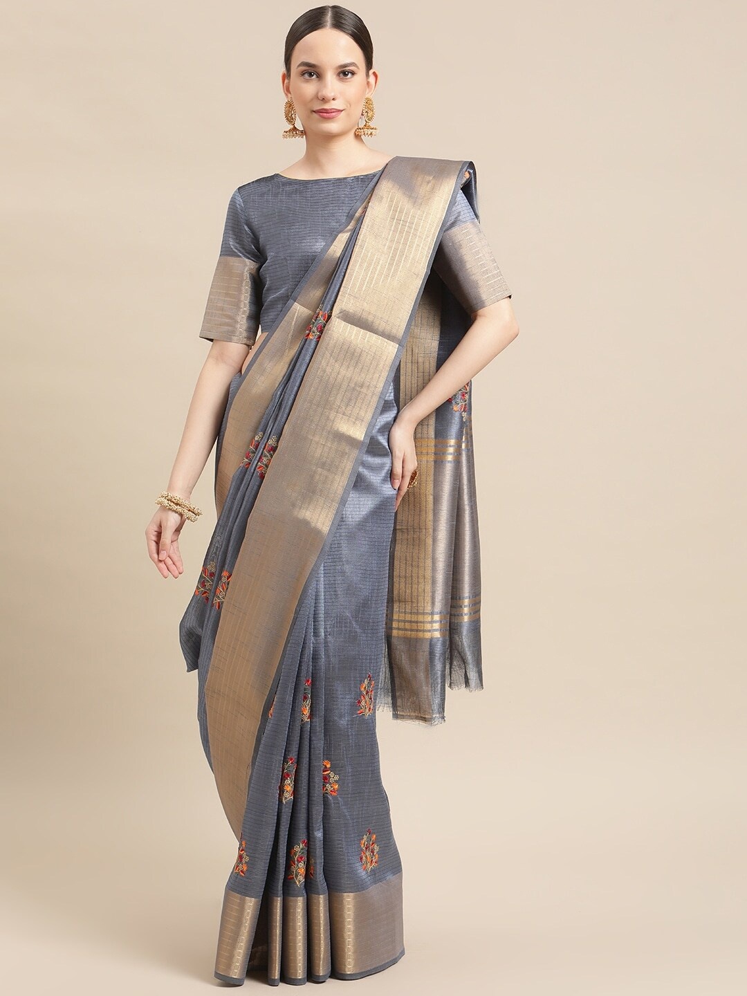 

MAHALASA Floral Embroidered Pure Cotton Saree, Grey
