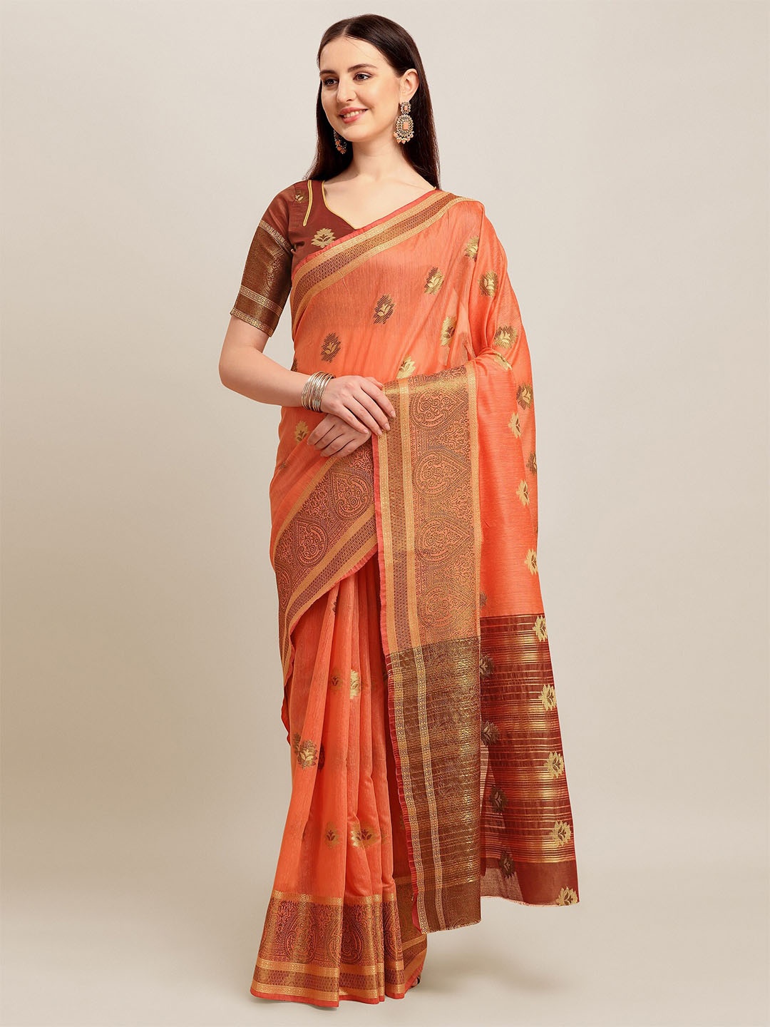 

MAHALASA Ethnic Motifs Woven Design Zari Saree, Peach