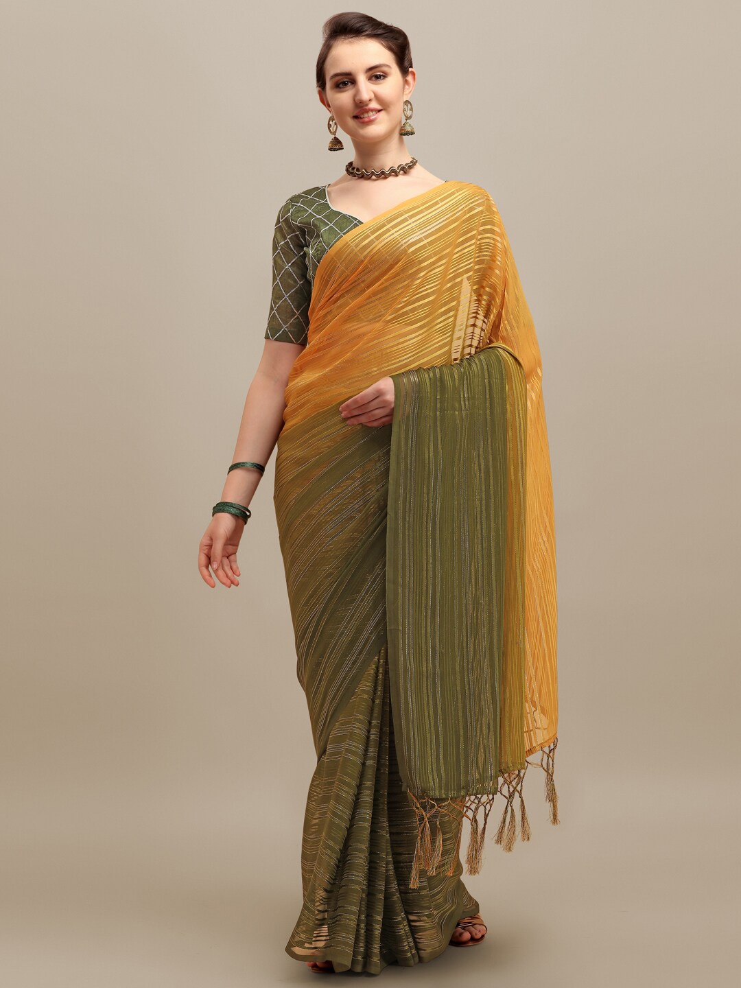 

MAHALASA Striped Zari Saree, Olive