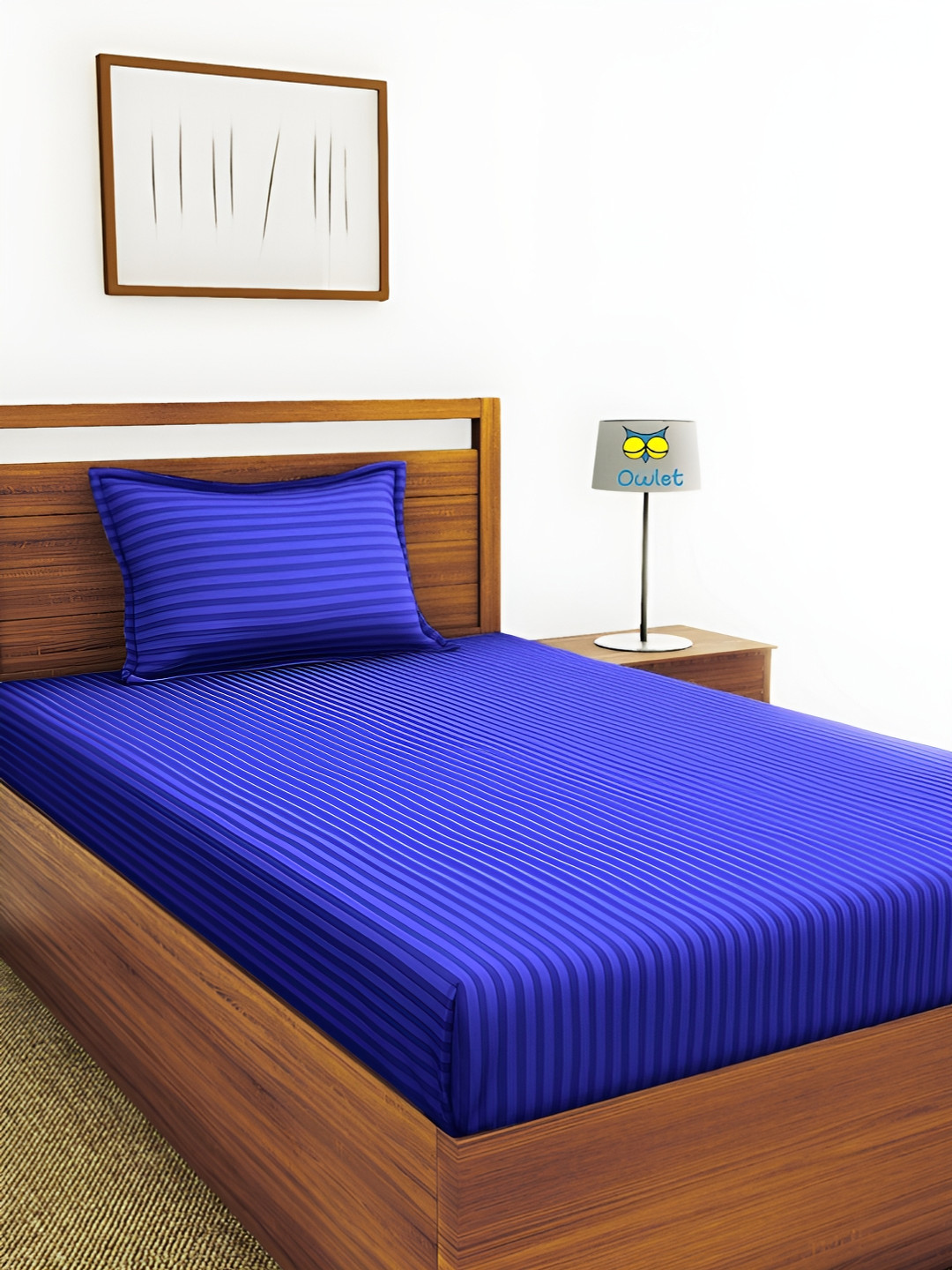 

House of Owlet Blue Striped Cotton 210 TC Single Bedsheet with 1 Pillow Cover