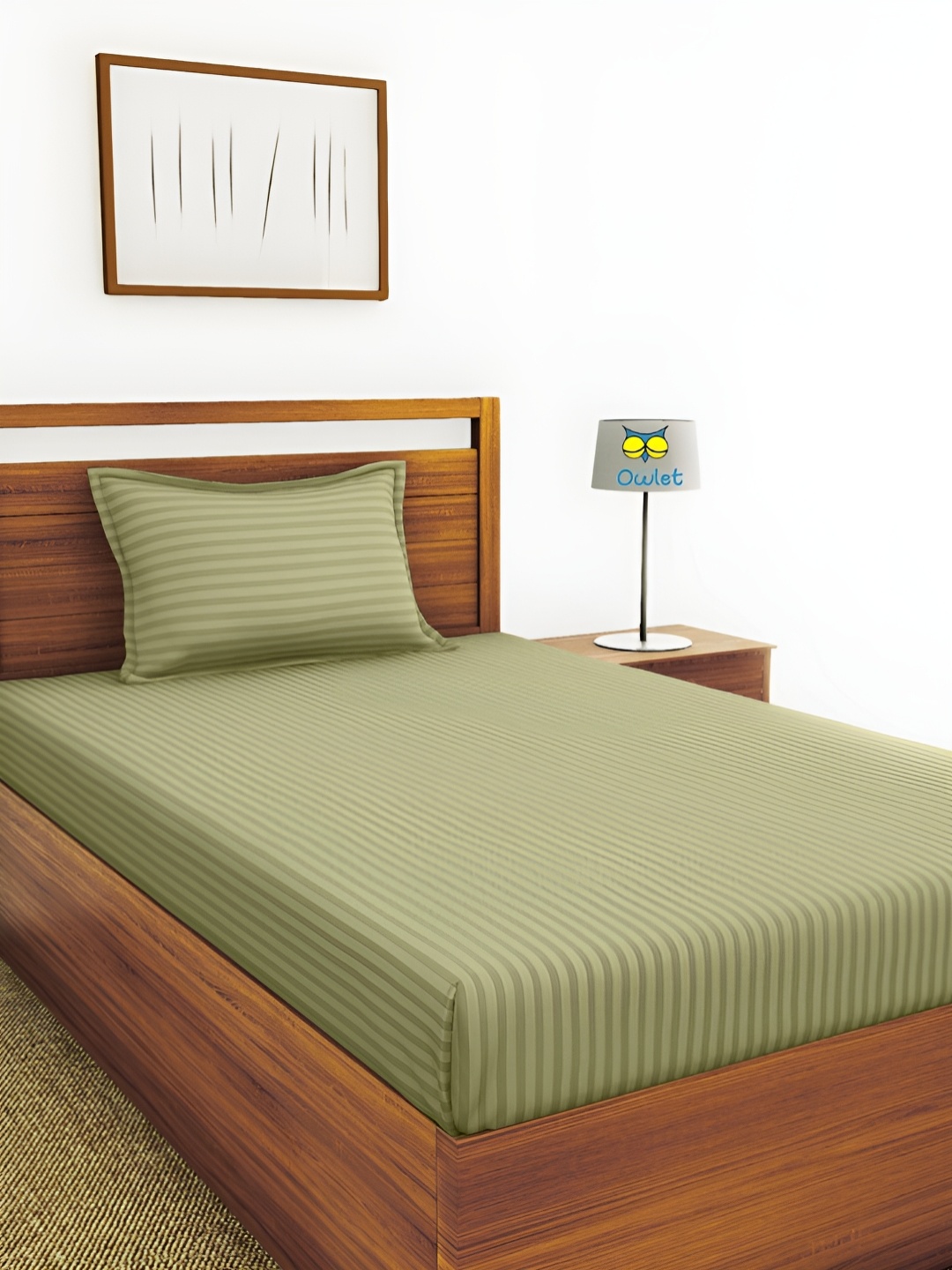 

House of Owlet Khaki Striped Cotton 210 TC Single Bedsheet with 1 Pillow Cover