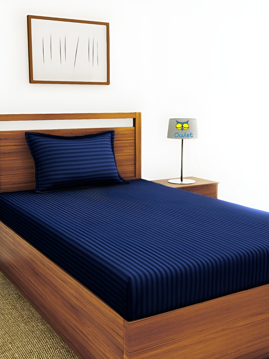 

House of Owlet Navy Blue Striped Cotton 210 TC Single Bedsheet with 1 Pillow Cover