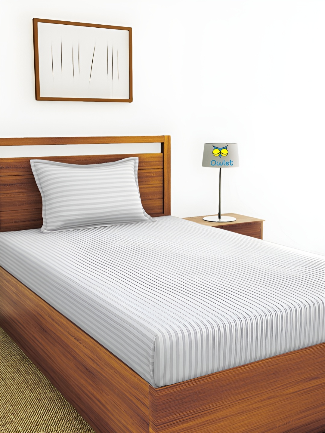 

House of Owlet White Striped Cotton 210 TC Single Bedsheet with 1 Pillow Cover