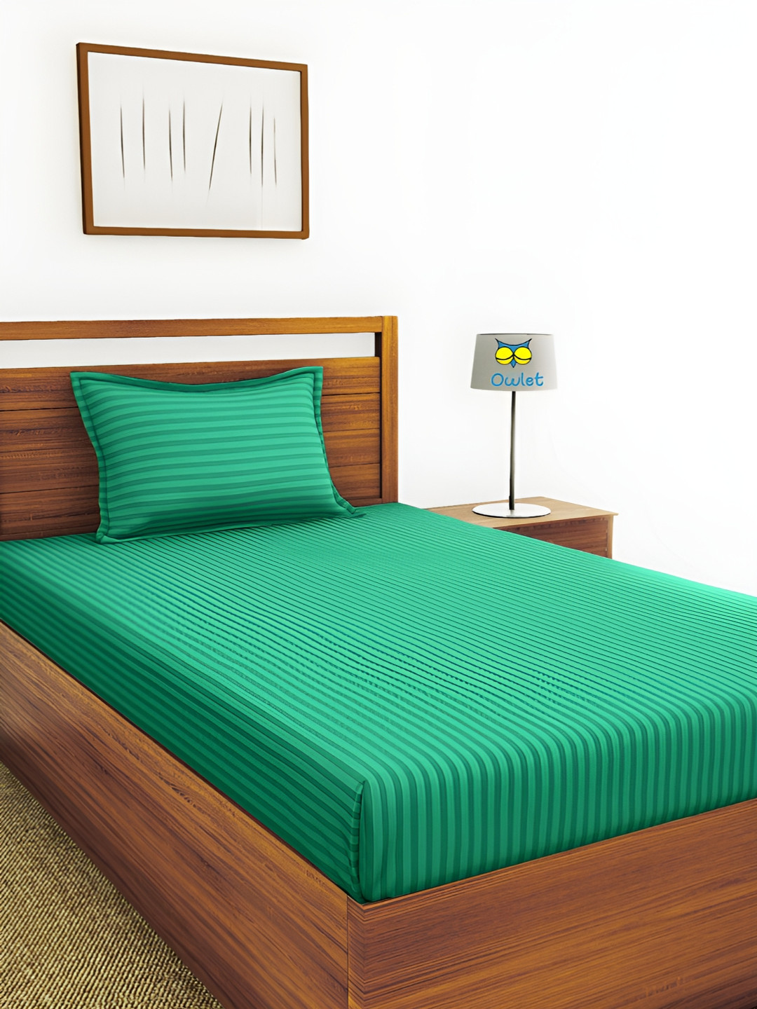 

House of Owlet Green Striped Cotton 210 TC Single Bedsheet with 1 Pillow Cover