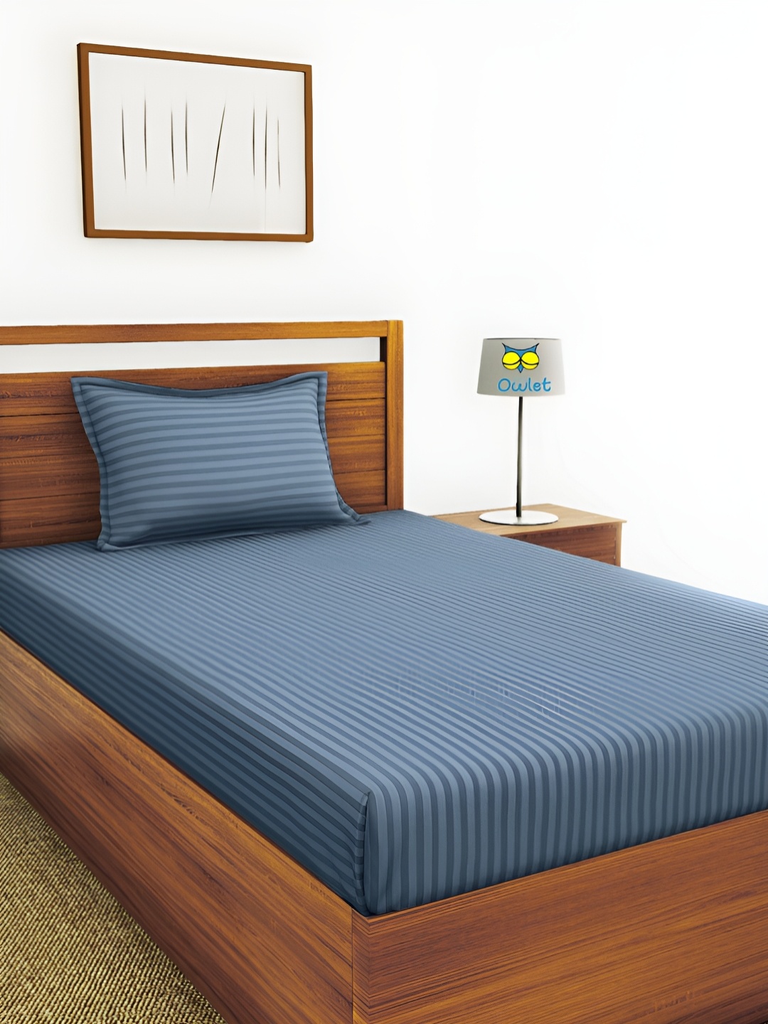 

House of Owlet Blue Striped Cotton 210 TC Single Bedsheet with 1 Pillow Cover