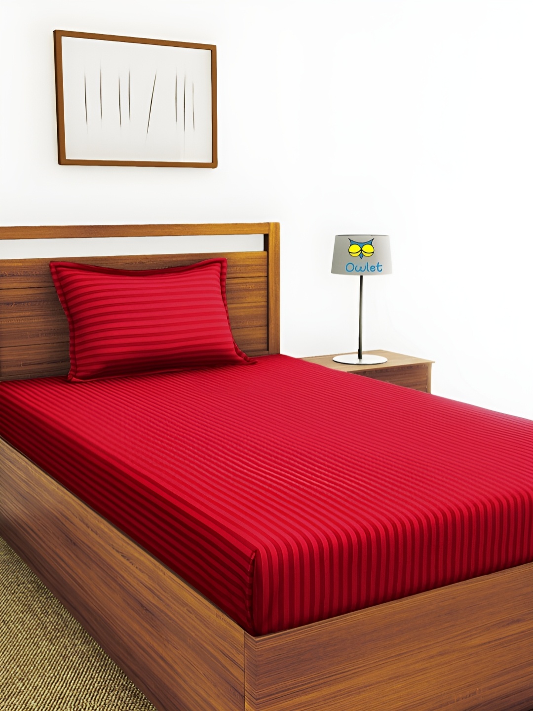 

House of Owlet Red Striped Cotton 210 TC Single Bedsheet with 1 Pillow Cover