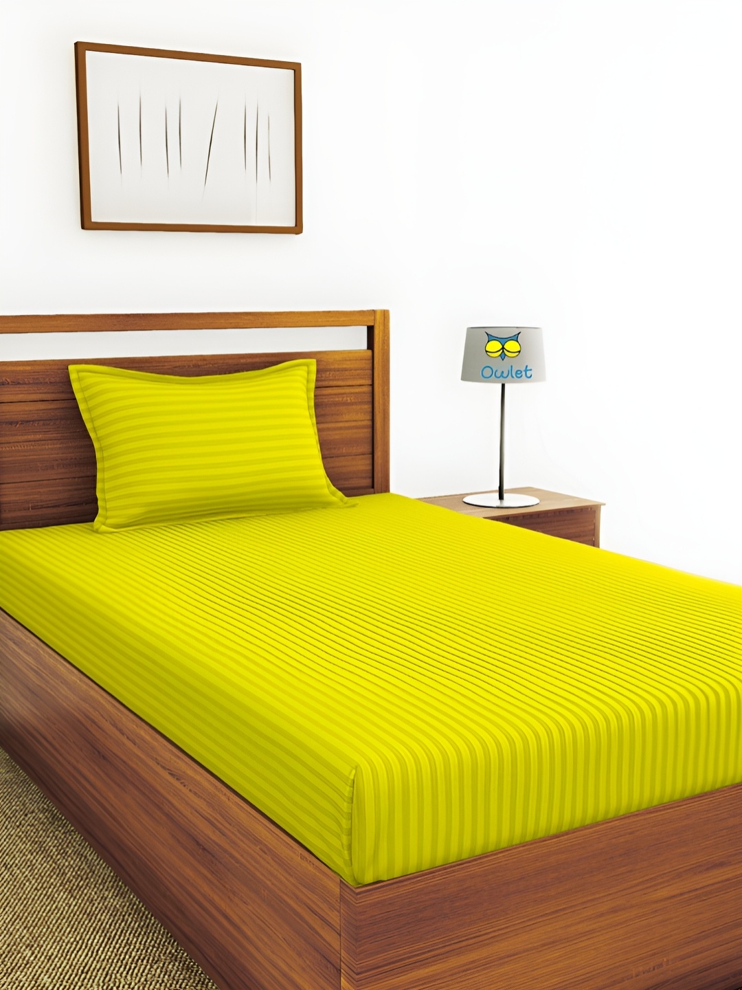

House of Owlet Yellow Striped Cotton 210 TC Single Bedsheet With 1 Pillow Covers