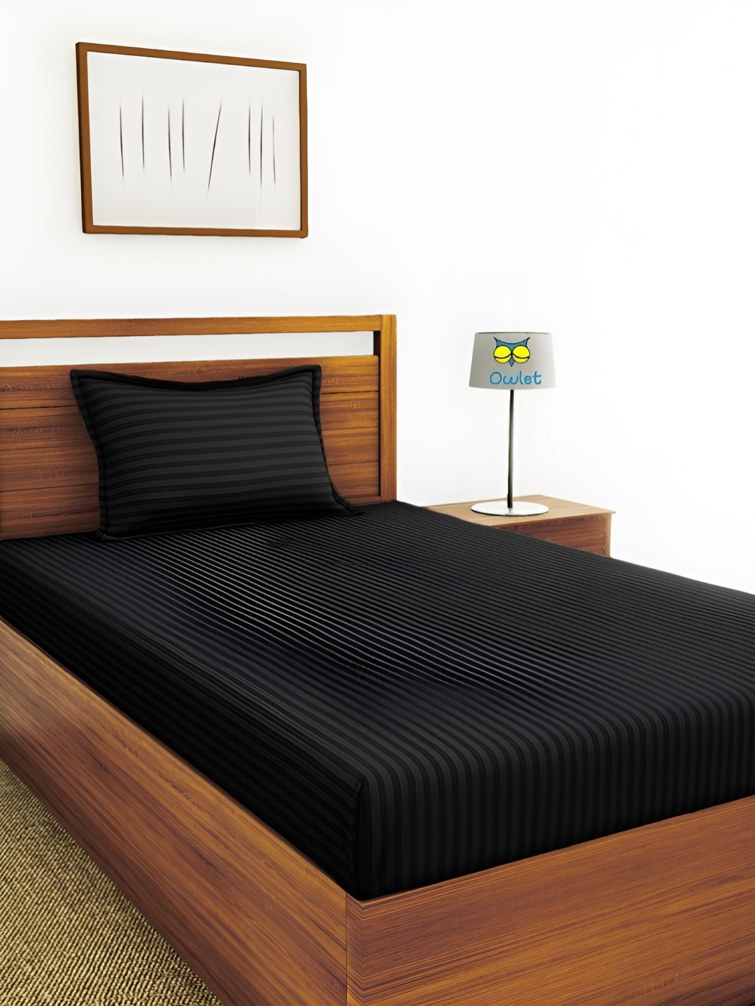 

House of Owlet Black Striped Cotton 210 TC Single Bedsheet With 1 Pillow Covers