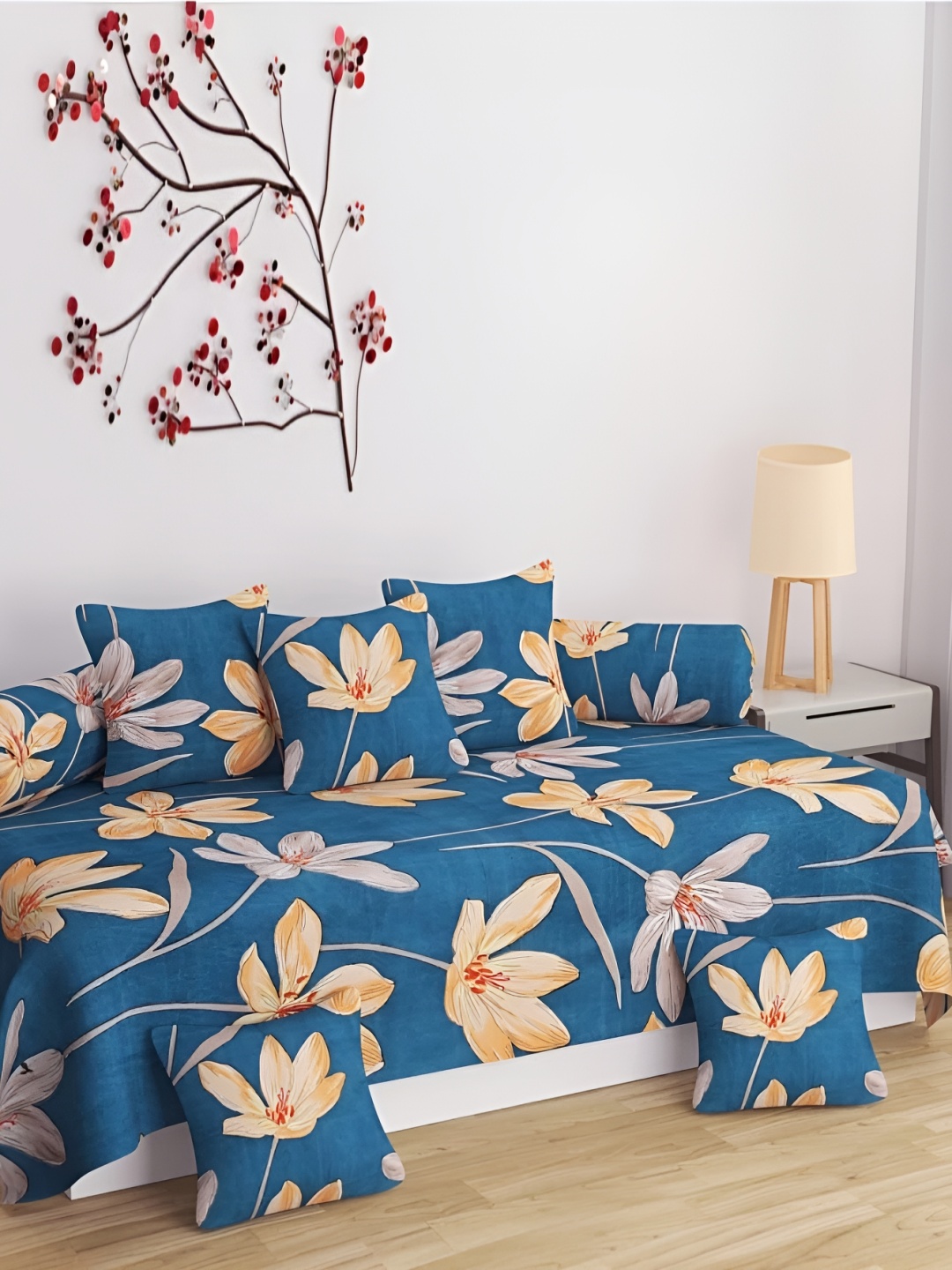 DECOR VATIKA Green & Beige 8 Pieces Floral Printed Diwan Set