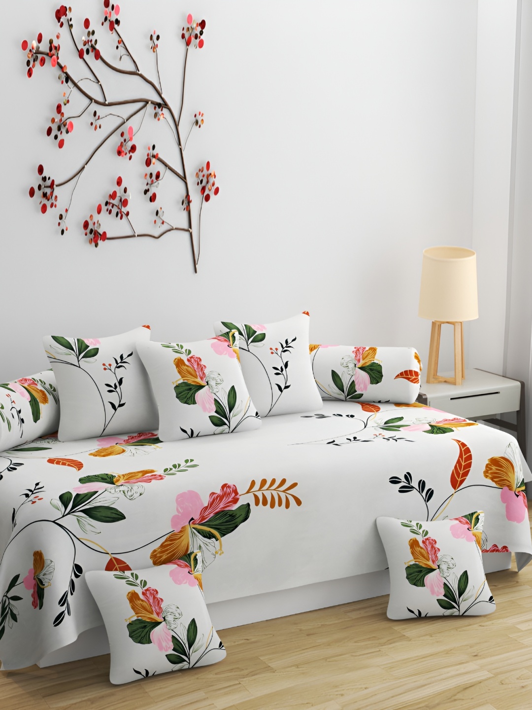 DECOR VATIKA White & Green 8 Pieces Floral Printed Diwan Set