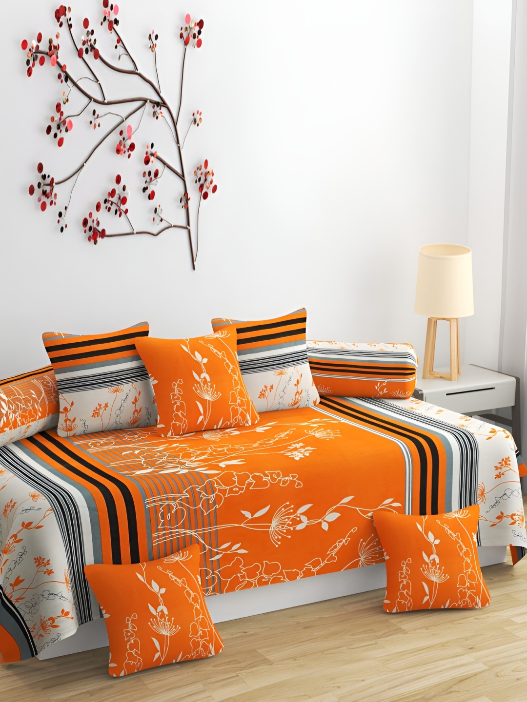 

DECOR VATIKA Orange & Grey 8 Pieces Floral Printed Diwan Set