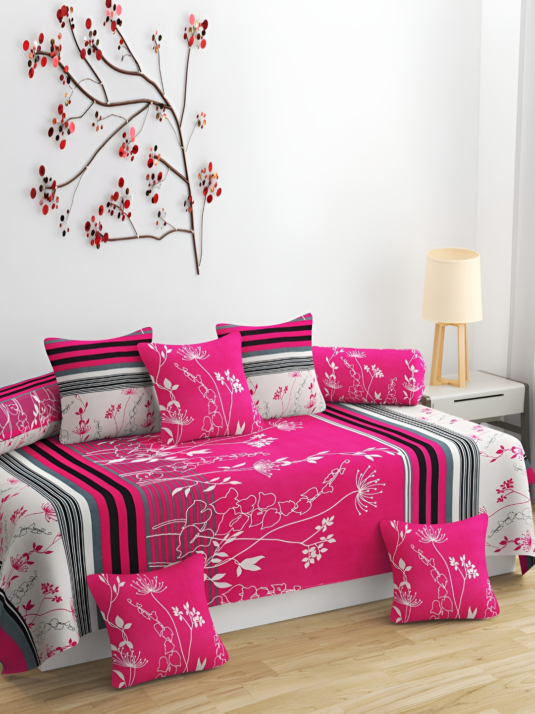 

DECOR VATIKA Pink & White 8 Pieces Floral Printed Diwan Set