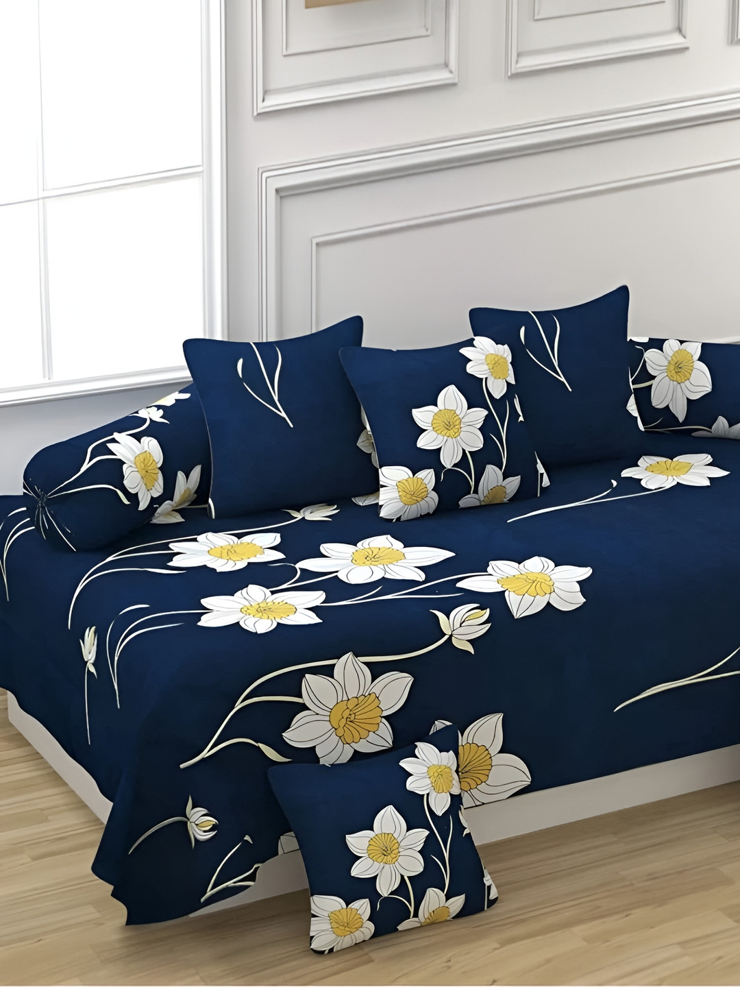 

DECOR VATIKA Blue & White 8 Pieces Floral Printed Diwan Set
