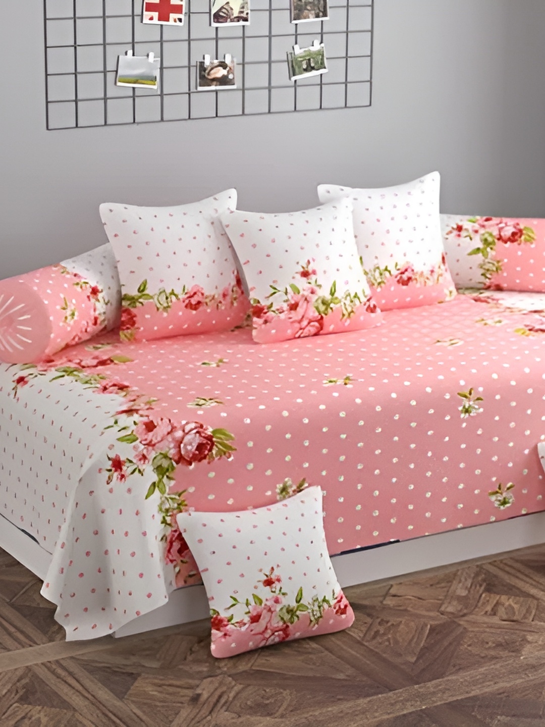 

DECOR VATIKA Pink & White 8 Pieces Floral Printed Diwan Set