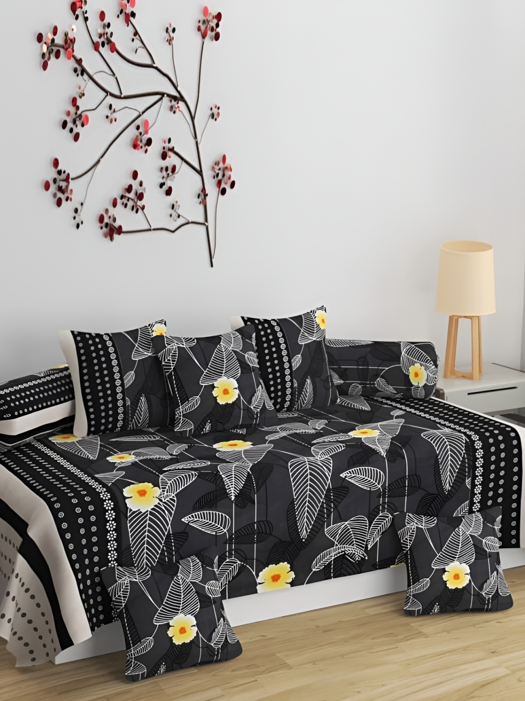 

DECOR VATIKA Black & Yellow 8 Pieces Floral Printed Diwan Set