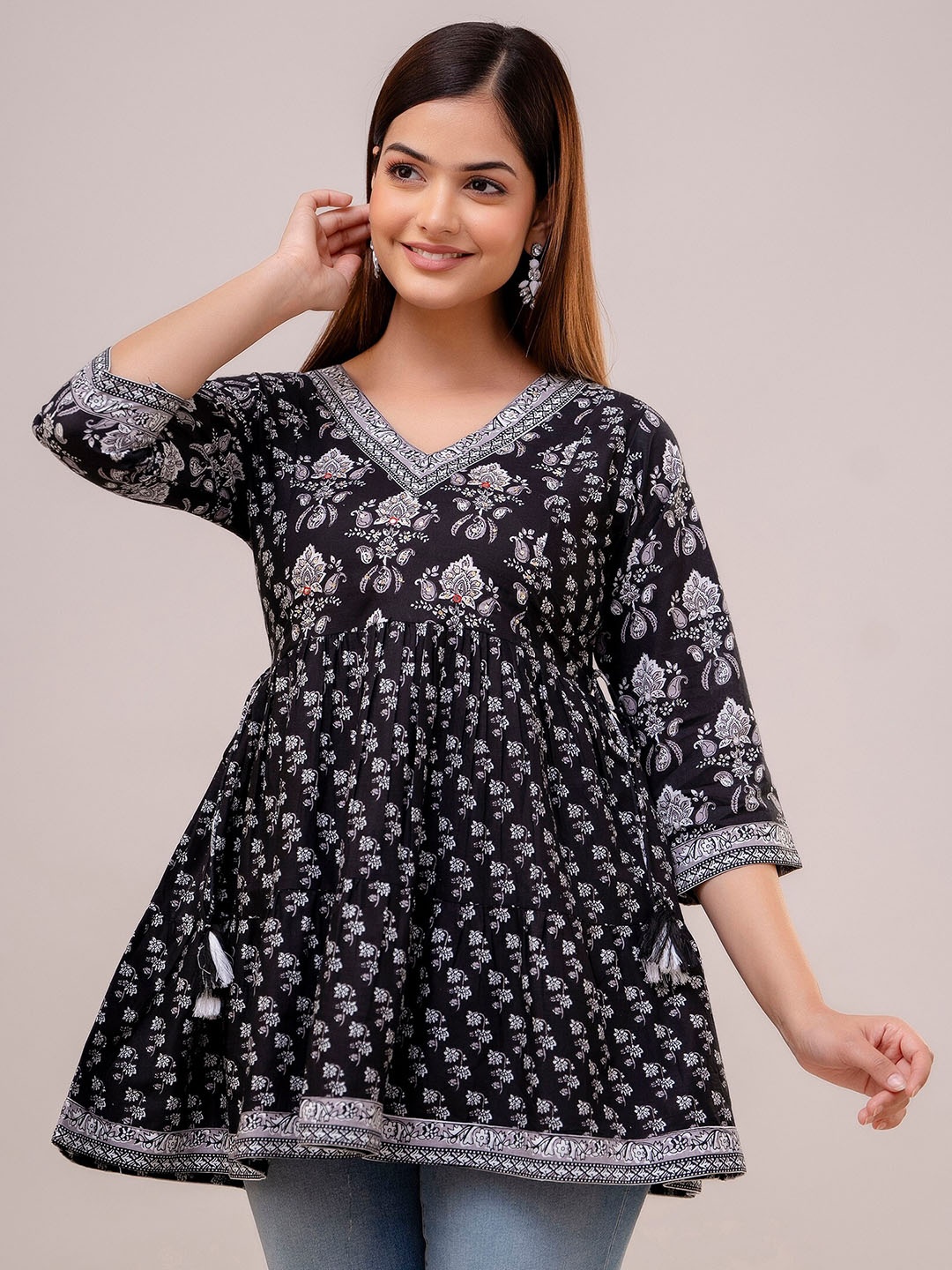 

KALINI Ethnic Motifs Printed V-Neck Pure Cotton Pleated A-Line Kurti, Black