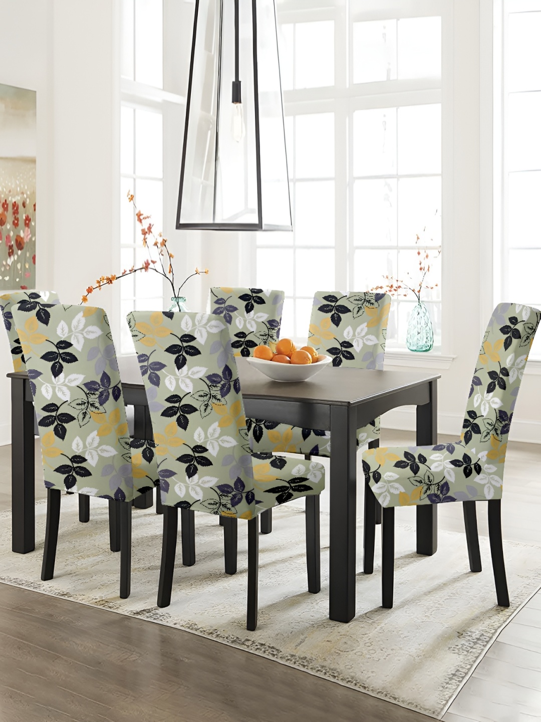 

Lazi 4 Pieces Olive Green White Floral Printed Stretchable Dining Chair Covers