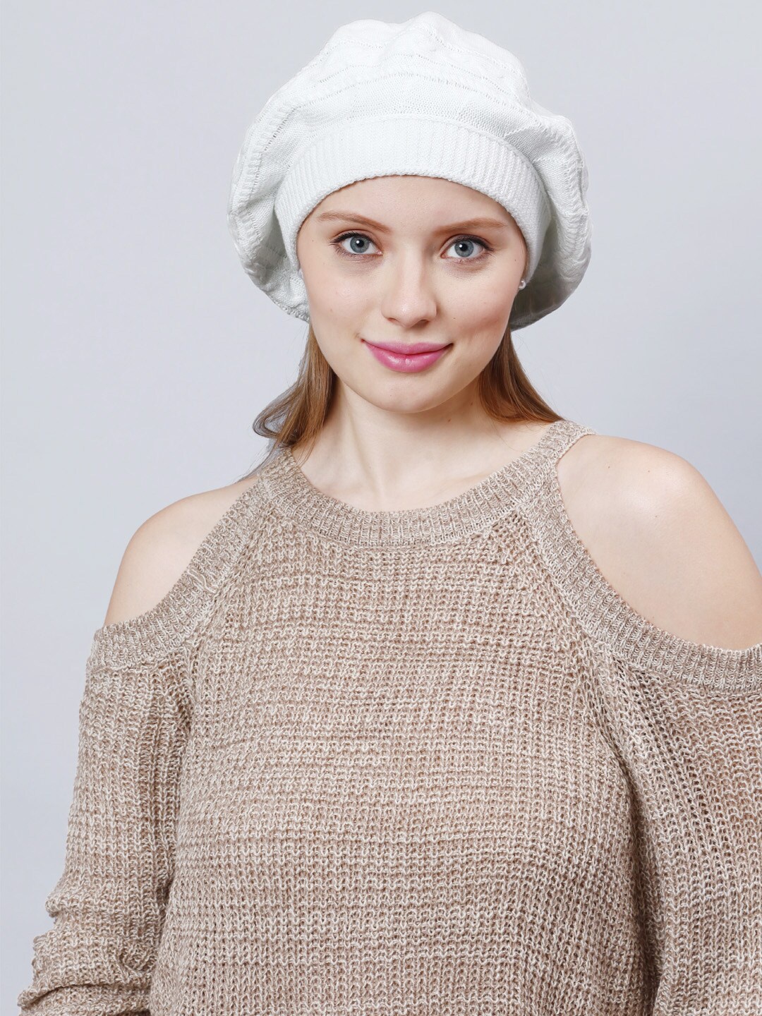 

Bharatasya Self Design Knitted Cotton Beanie, White