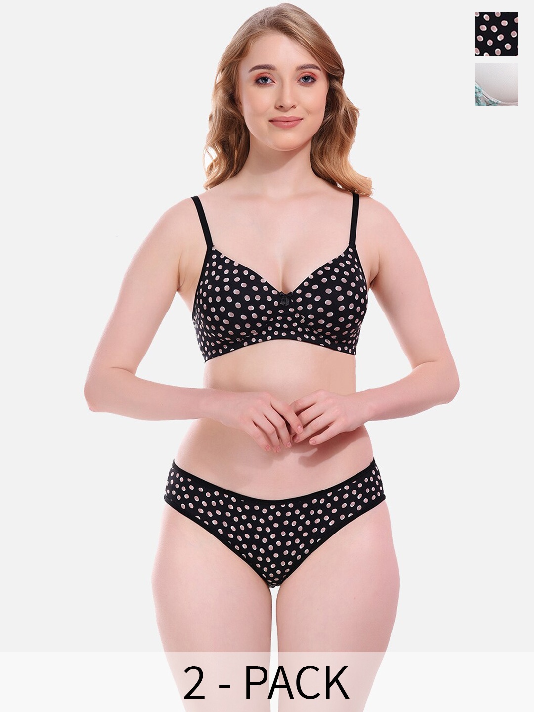 

FIMS Pack Of 2 Mid-Rise Printed Lightly Padded Non Wired Lingerie Set, Black