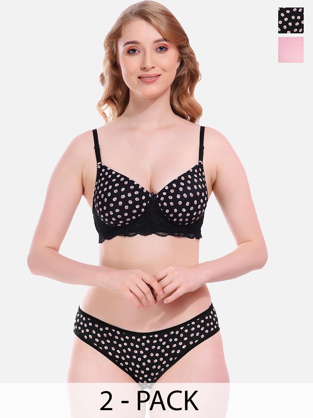 

FIMS Pack Of 2 Mid-Rise Printed Lightly Padded Non Wired Briefs Lingerie Set, Black