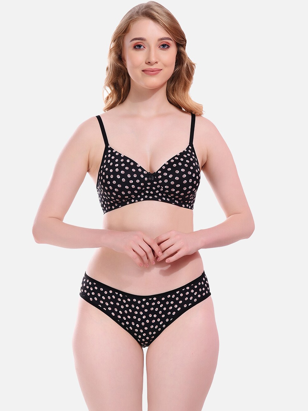 

FIMS Mid-Rise Printed Lightly Padded Non Wired Briefs Lingerie Set, Black