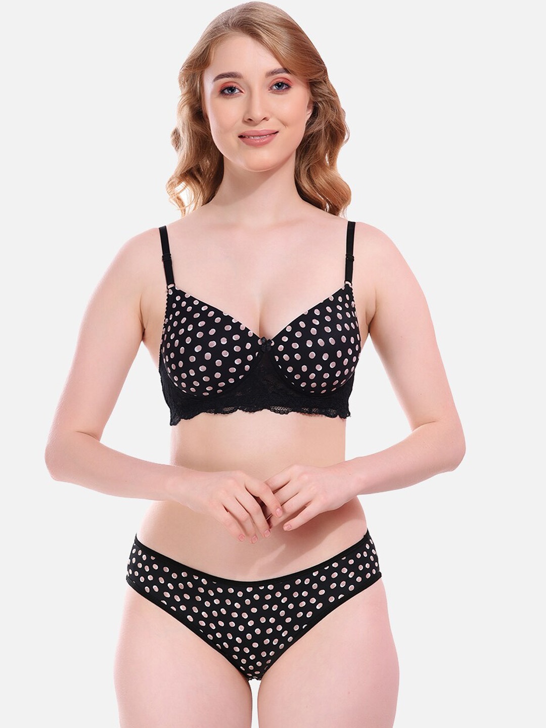 

FIMS Polka Dots Printed Lingerie Set, Black