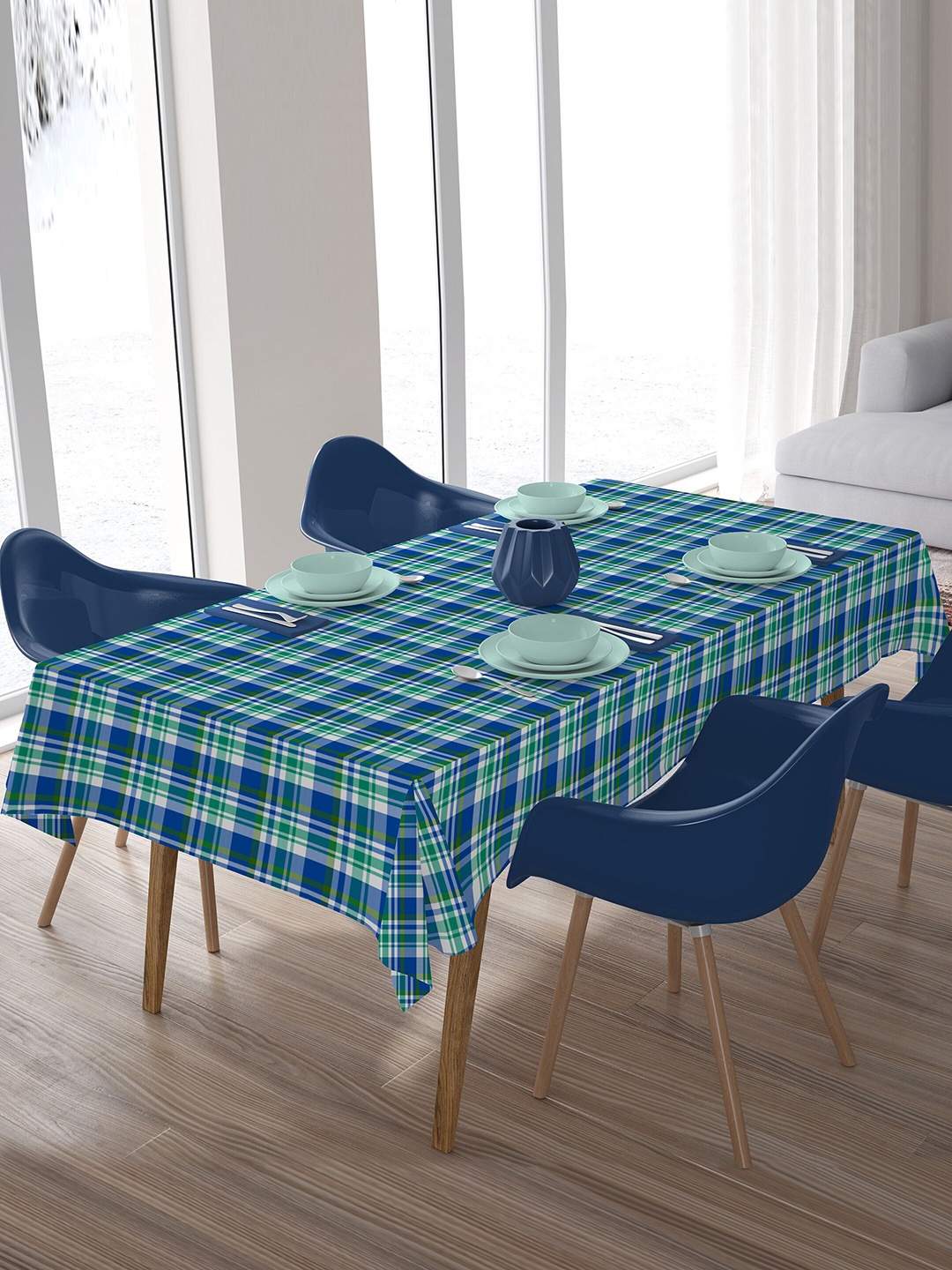

HOME COLORS.IN Blue & Green Checked Pure Cotton 4 Seater Rectangle Table Cover