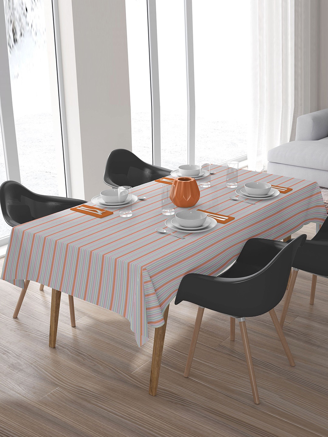 

HOME COLORS.IN White & Rust Red Striped Rectangle 4 Seater Pure Cotton Table Cover