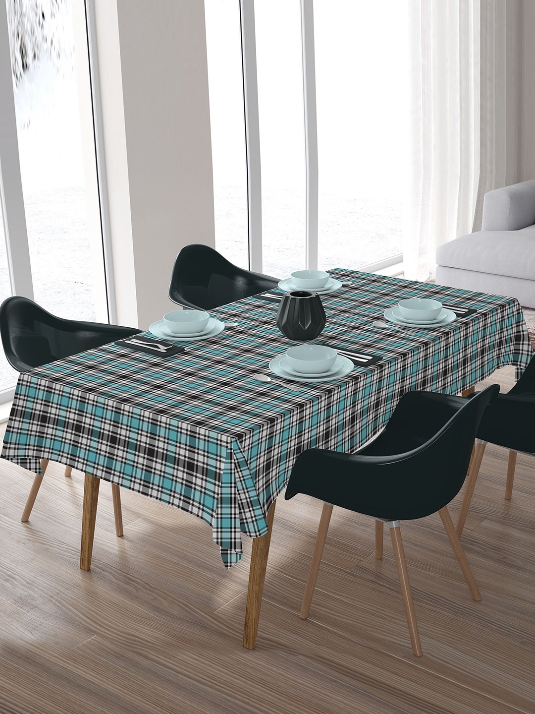 

HOME COLORS.IN Blue & Grey Checked 4 Seater Pure Cotton Rectangle Table Cover