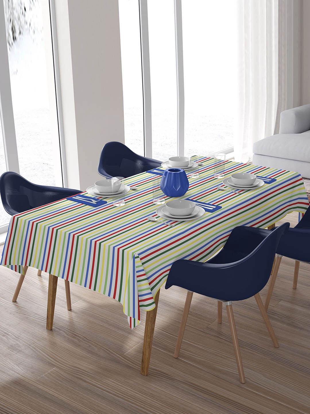 

HOME COLORS.IN White & Green Striped Rectangle 4 Seater Pure Cotton Table Cover