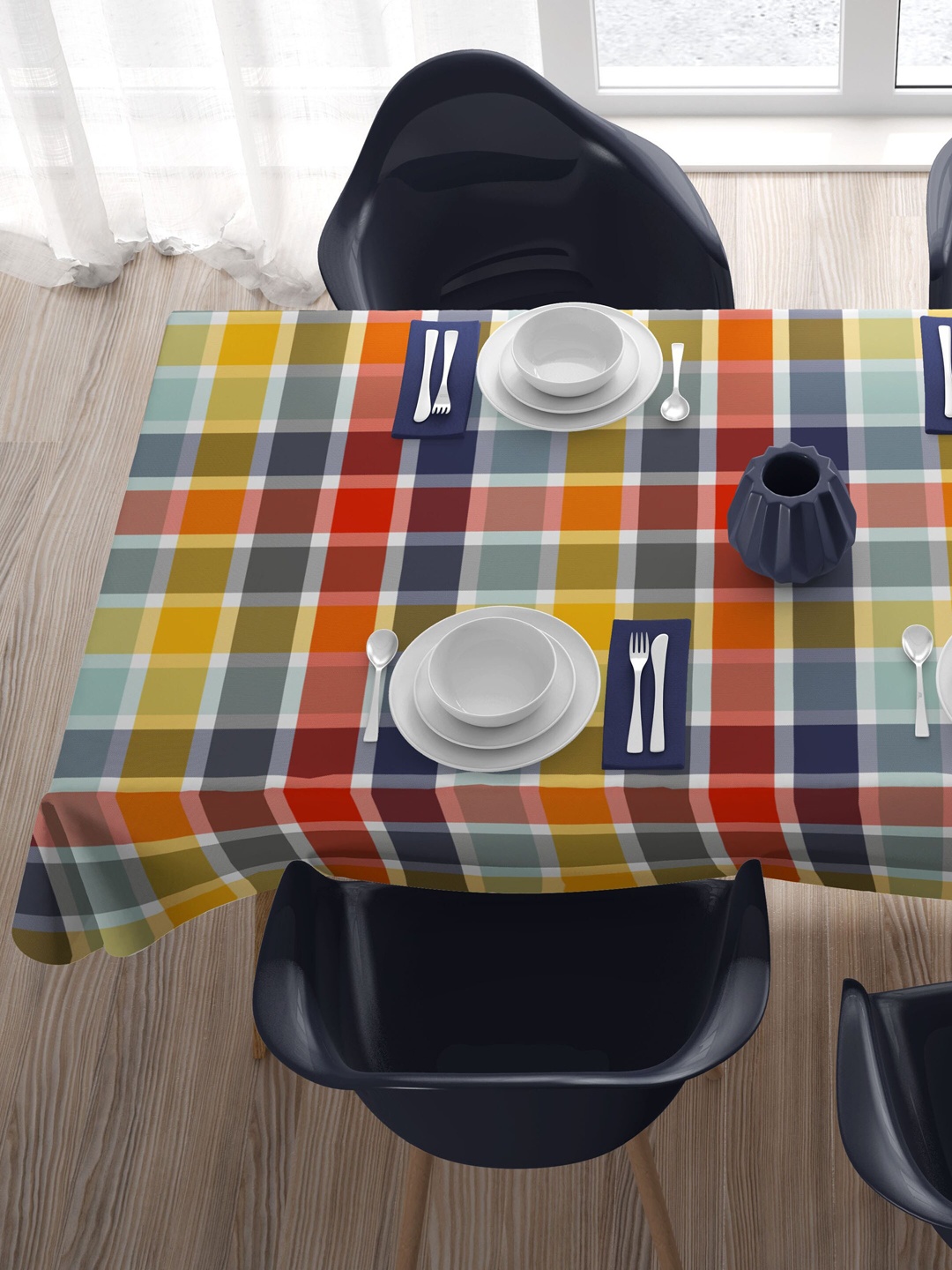 

HOME COLORS.IN Yellow & Grey Checked Pure Cotton Rectangle Table Cover, Red