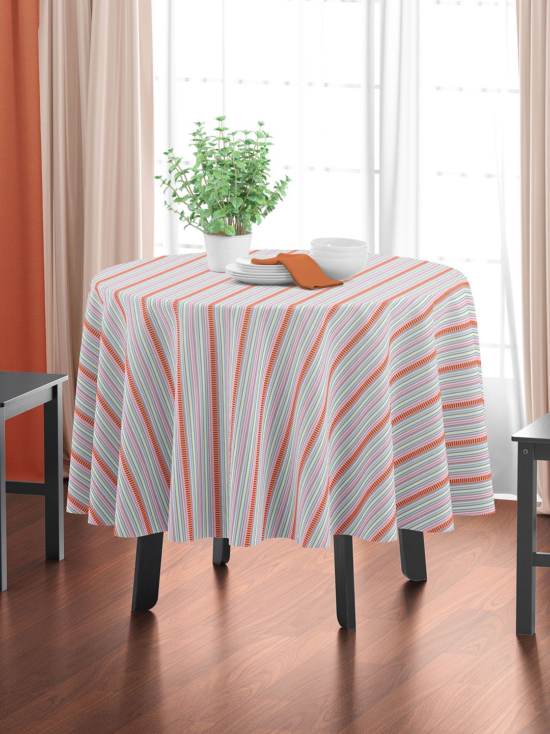 

HOME COLORS.IN White & Red Striped Pure Cotton Round Table Cover