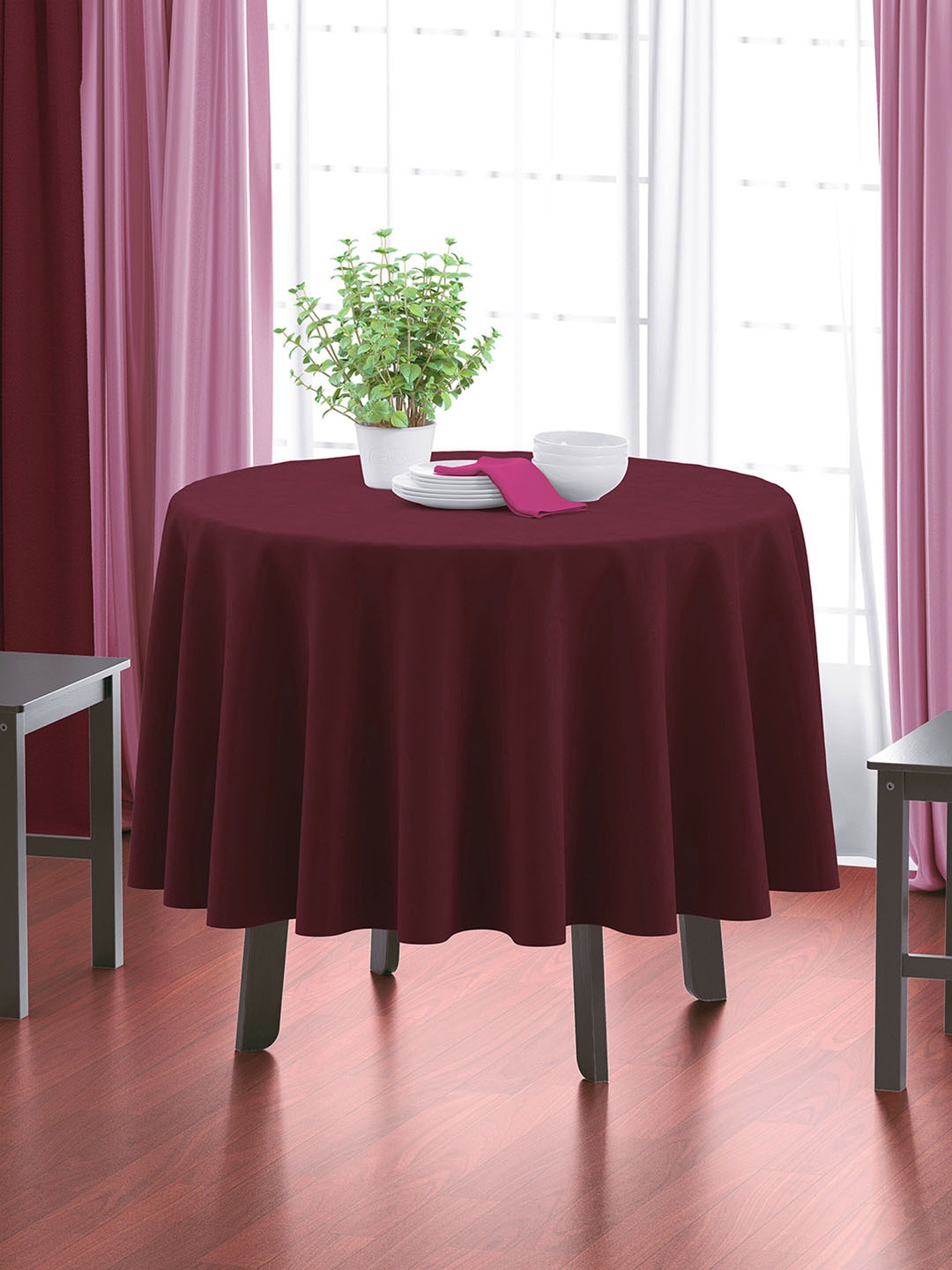 

HOME COLORS.IN Round 4 Seater Cotton Table Cover, Maroon