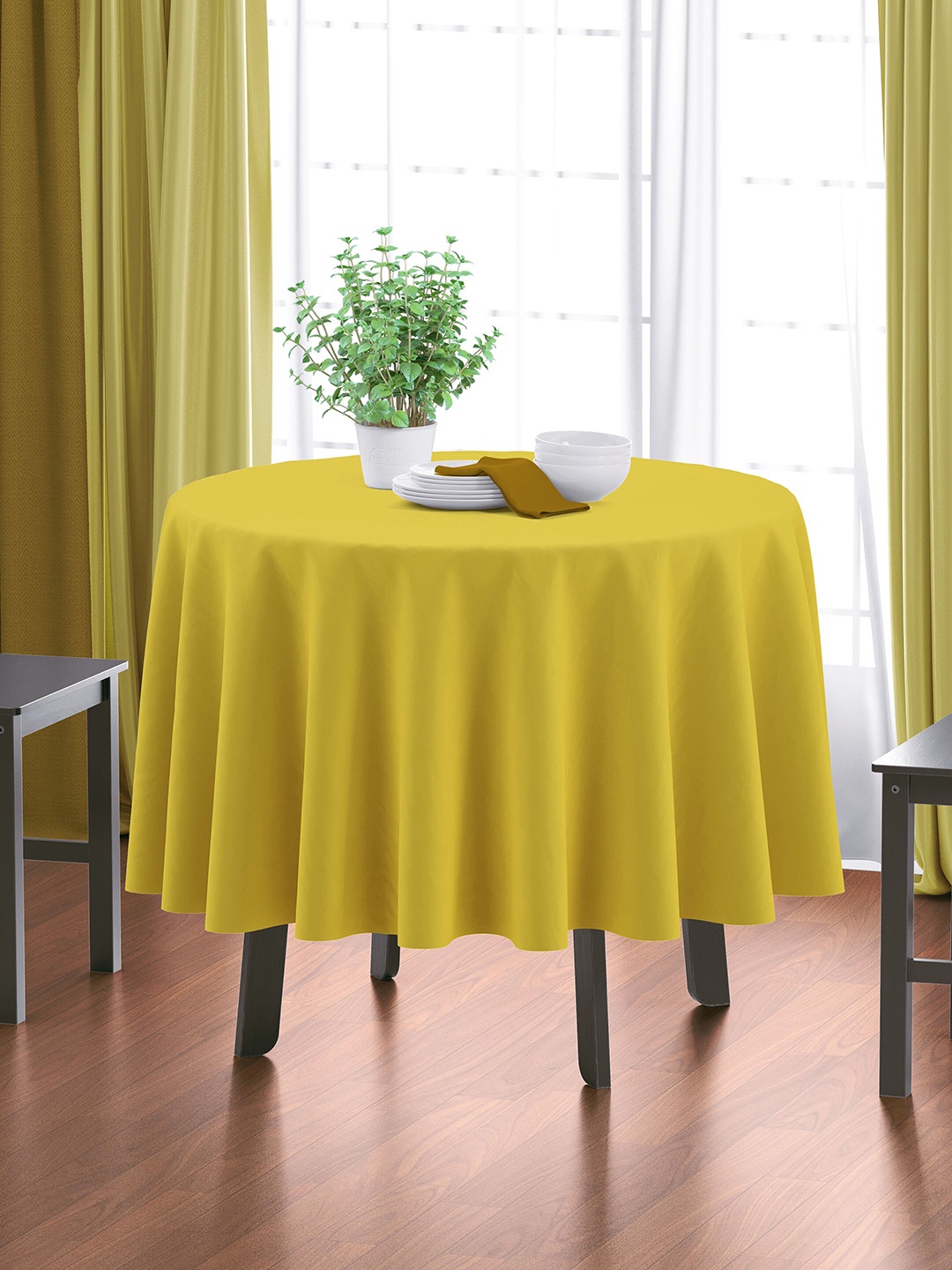 

HOME COLORS.IN Yellow Cotton Round 4 Seater Table Cover