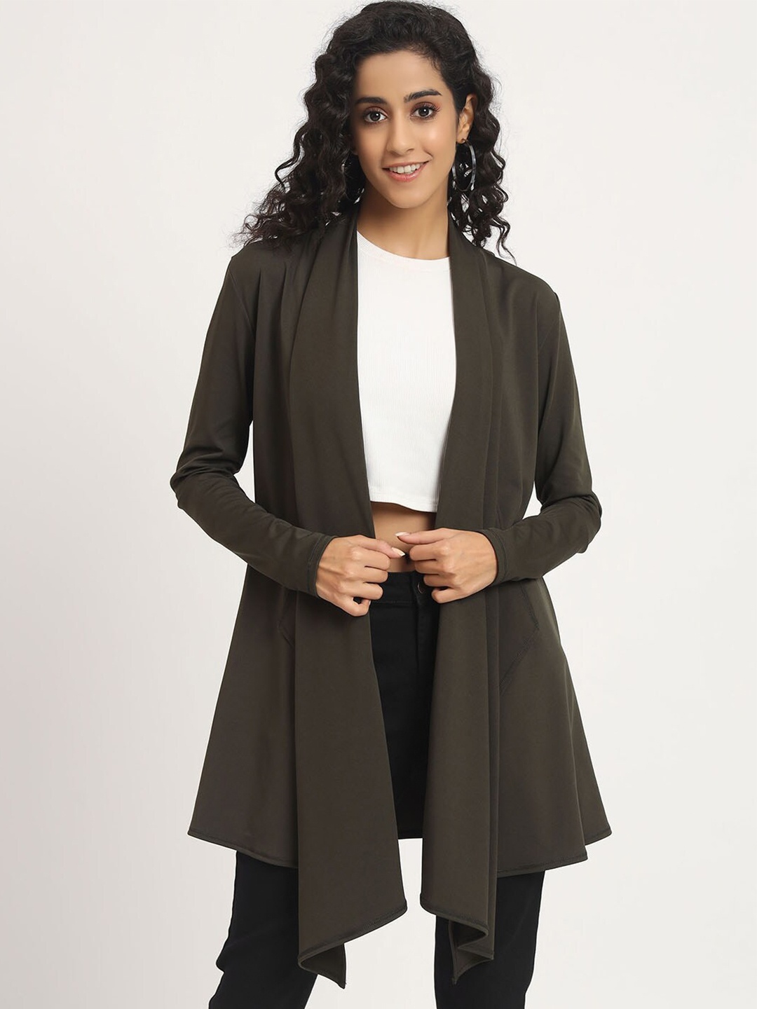 

Beau Design Long Sleeves Asymmetric Open Front Shrug, Olive