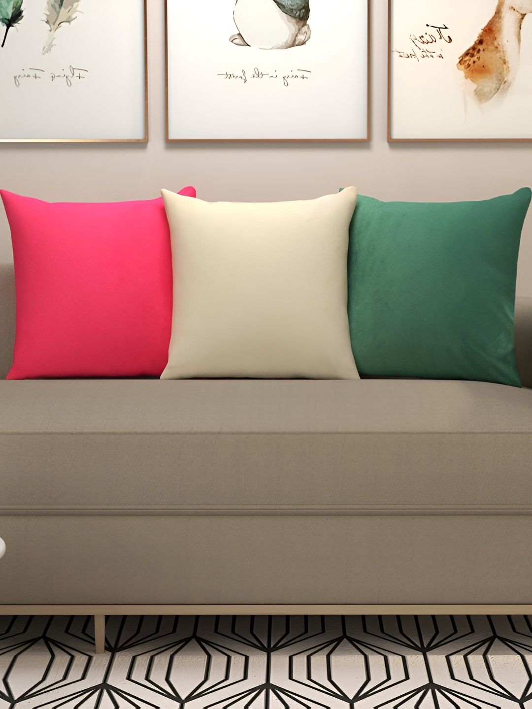 

stuffique Green & Cream 3 Pieces Velvet Square Cushion Covers