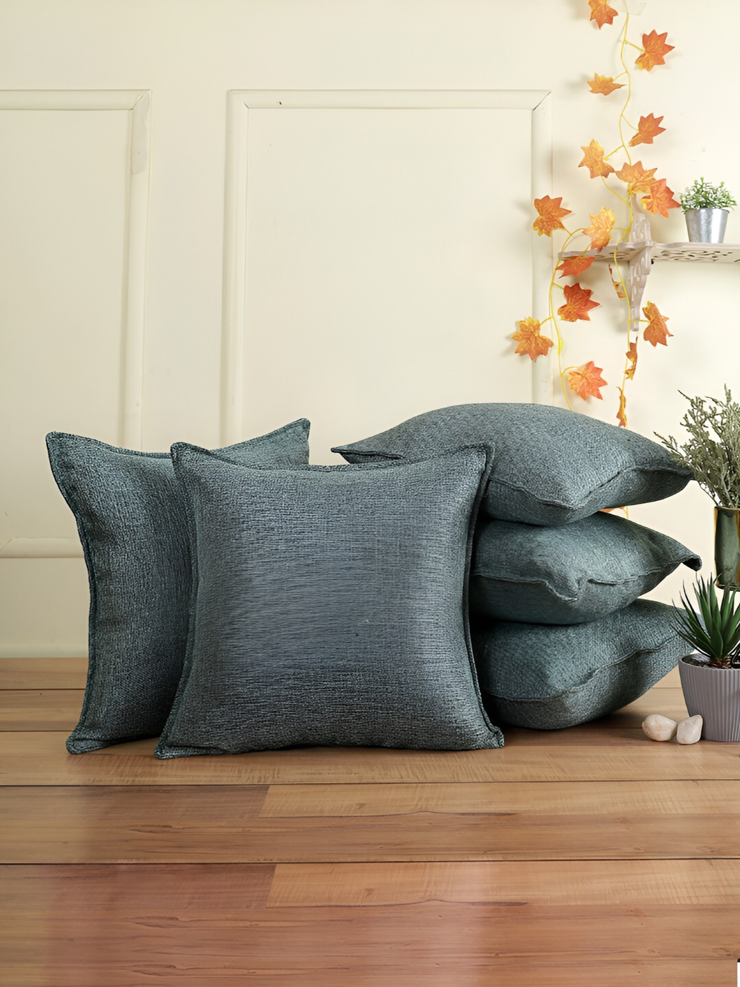

THE CONVERSION Sea Green 5 Pieces Jute Cotton Square Cushion Covers