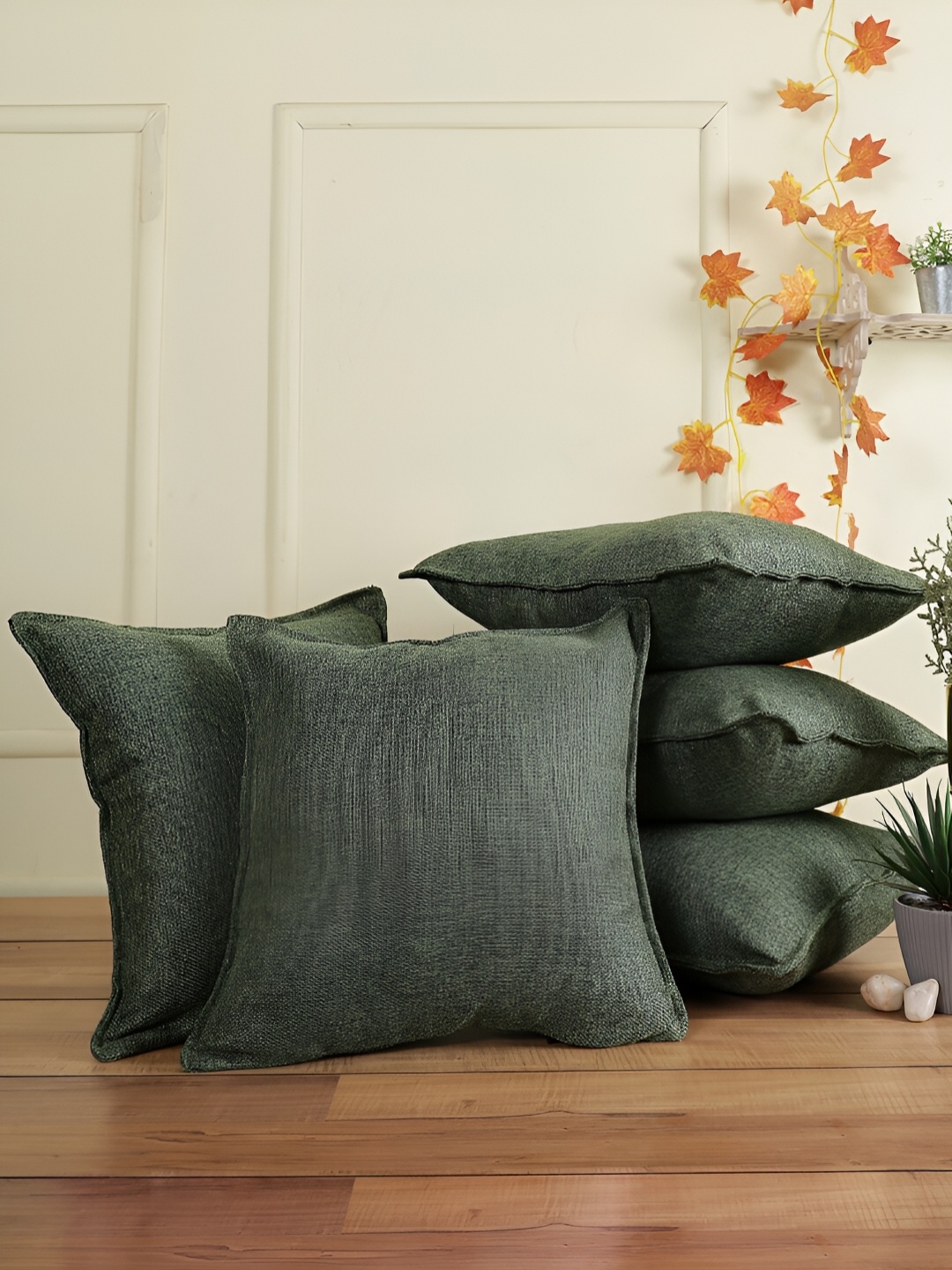 

THE CONVERSION Green 5 Pieces Jute Cotton Square Cushion Covers