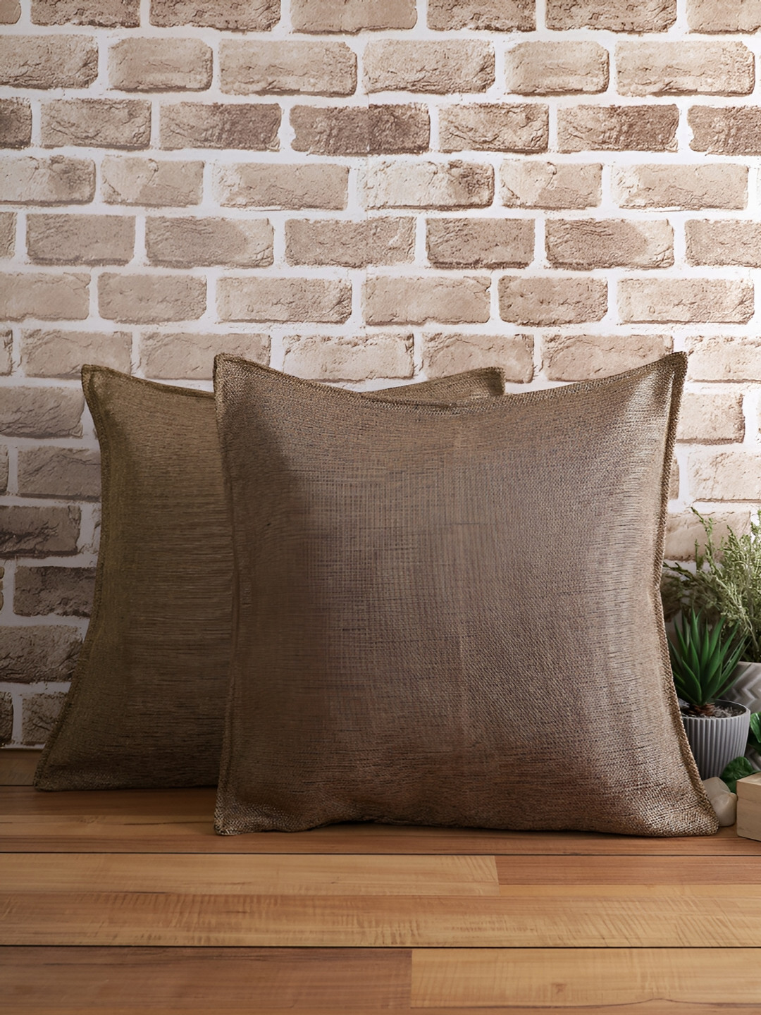 

THE CONVERSION Brown 2 Pieces Jute Cotton Square Cushion Covers