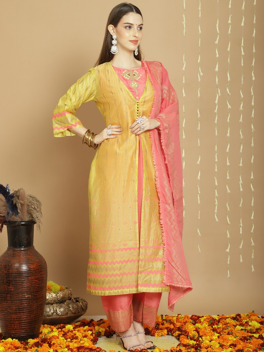 

Stylee LIFESTYLE Embroidered Art Silk Semi-Stitched Dress Material, Yellow