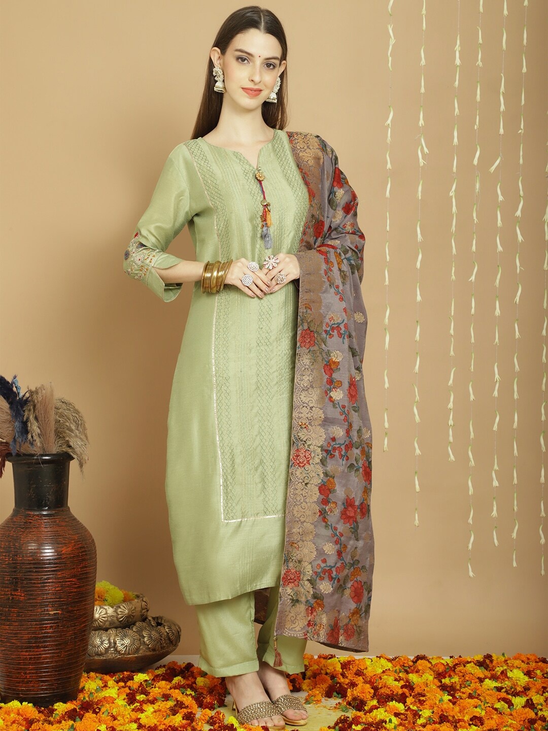 

Stylee LIFESTYLE Embroidered Semi-Stitched Dress Material, Green