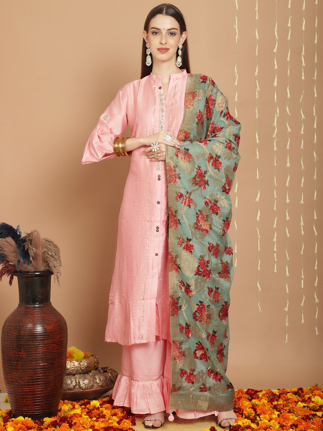 

Stylee LIFESTYLE Embroidered Semi-Stitched Dress Material, Peach