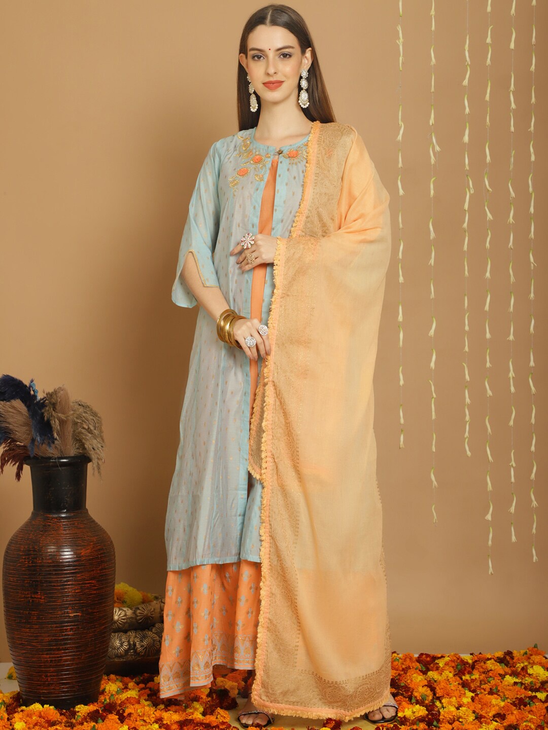 

Stylee LIFESTYLE Floral Embroidered Art Silk Semi-Stitched Dress Material, Turquoise blue