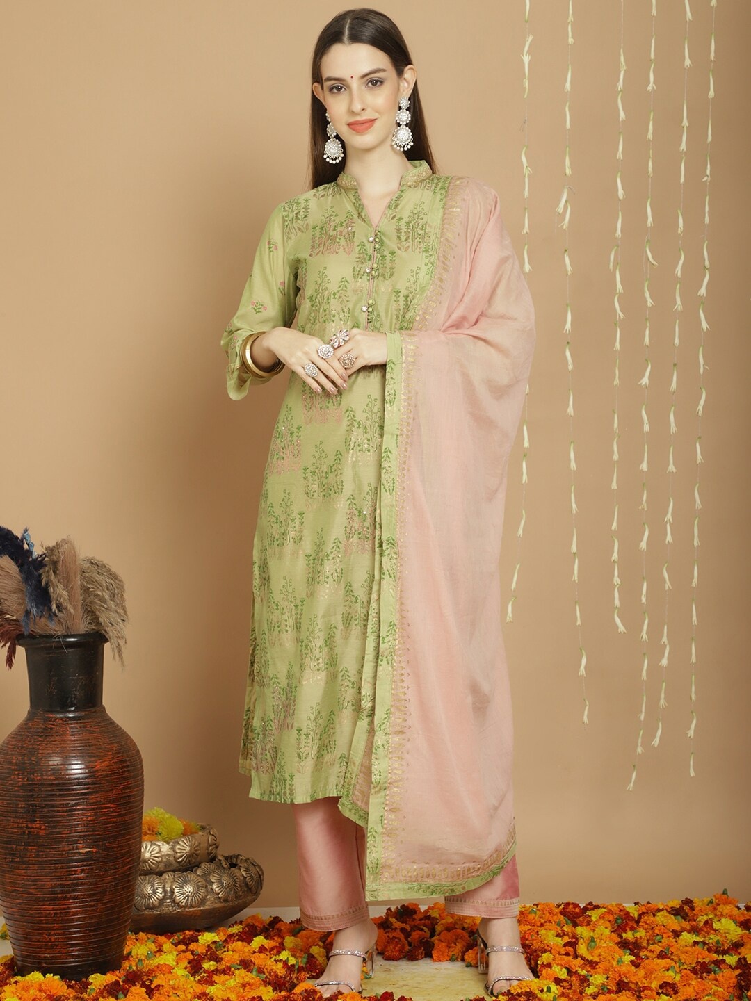 

Stylee LIFESTYLE Floral Printed Art Silk Semi-Stitched Dress Material, Green
